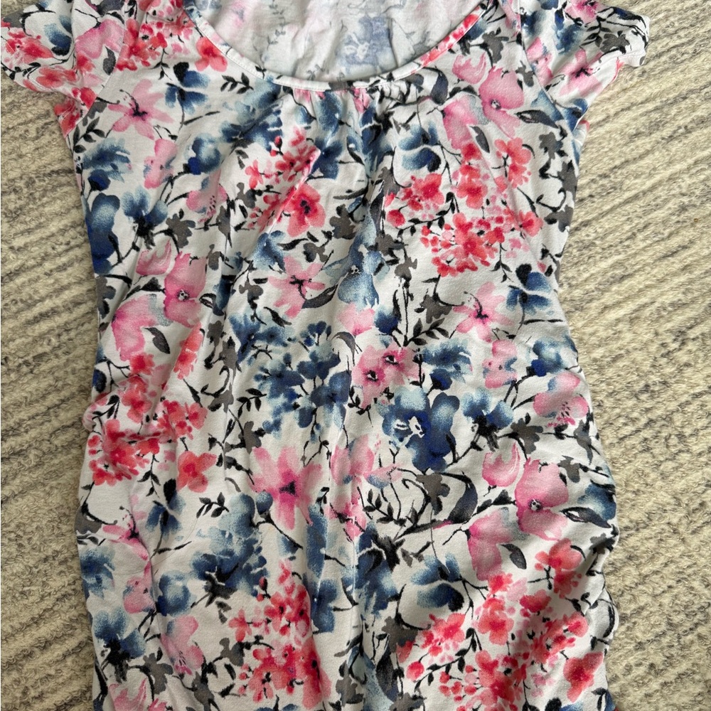 Motherhood Maternity Pink and Blue Ruched Cap Sleeve Blouse